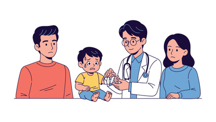 The Doctor's Gentle Care: A compassionate pediatrician provides comfort to a young patient, surrounded by worried parents, symbolizing trust, healthcare, and parental care.