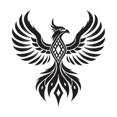 A black vector illustration of a flying eagle with wide wings in a bold tattoo style design