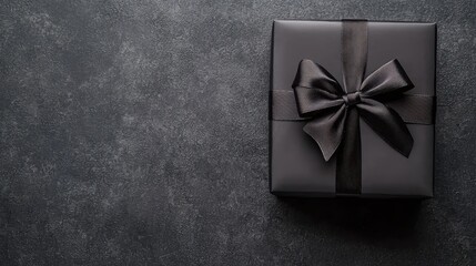 A sleek black gift box with a shiny ribbon sits on a dark surface, exuding elegance and sophistication for any occasion