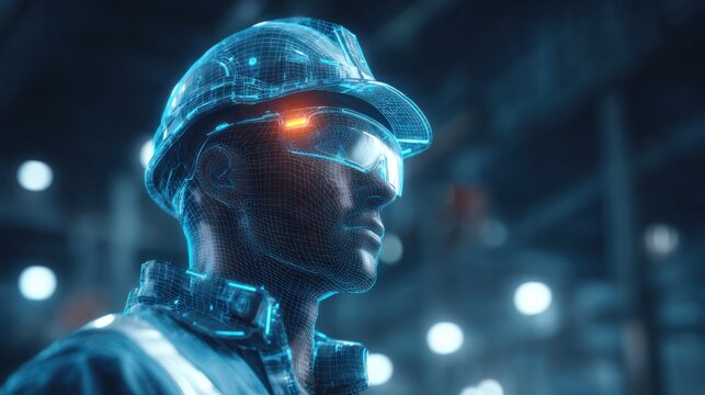 Futuristic industrial worker high-tech factory digital art urban environment close-up advanced safety gear