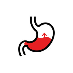 Stylized stomach anatomy illustration with red interior and upward arrow.