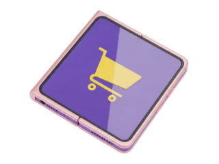 Isolated foldable smartphone with shopping cart icon on display, mobile e-commerce app online