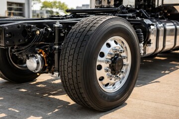 Close-up of a shiny, chrome wheel on a heavy-duty truck, showcasing the intricate mechanics and durable tire design.
