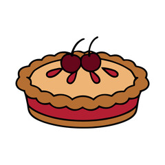 Color vector illustration of a whole cherry pie with a golden crust, red filling, and two fresh cherries on top.