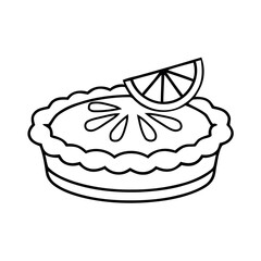 Hand-drawn black and white vector outline of a whole pie topped with a citrus slice, ideal for key lime or lemon pie.