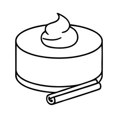 Hand-drawn black and white vector outline of a round cake or pumpkin pie with whipped cream and a cinnamon stick.