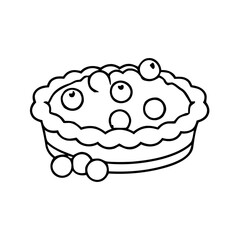 Hand-drawn black and white vector outline of a blueberry pie in a baking dish with loose berries on the side.