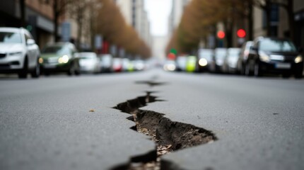 In a busy city street, there is a road with a long crack, depicting the effects of an earthquake. The background appears blurry 