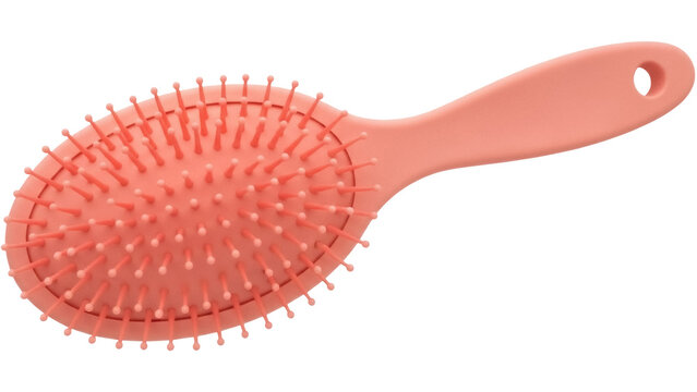 Isolated pink oval hairbrush with flexible plastic bristles for detangling & styling hair