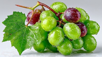 Fresh grapes with water droplets, featuring a mix of green and red hues on the vine