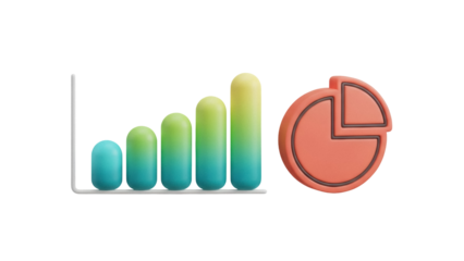 Isolated 3D infographic with bar chart and pie chart, representing growth, analysis, trends