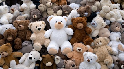 A colorful arrangement of soft teddy bears fills the space with warmth and charm, showcasing different sizes and textures