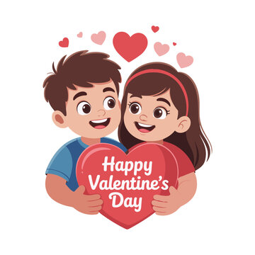 Cute Cartoon Couple Holding Heart with Happy Valentine&rsquo;s Day Message