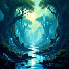 Magical Fantasy Forest with Glowing Blue Crystals and River at Sunrise Illustration, Generated AI