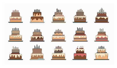 Birthday cakes collection with candles colorful party elements flat vector set