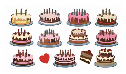 Cute birthday cake set with candles party dessert cartoon vector illustration