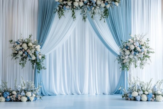 Elegant wedding backdrop with light blue and white fabrics, and floral arrangements - Powered by Adobe