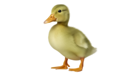 Isolated yellow duckling is standing and looking at the camera in the studio, no shadow