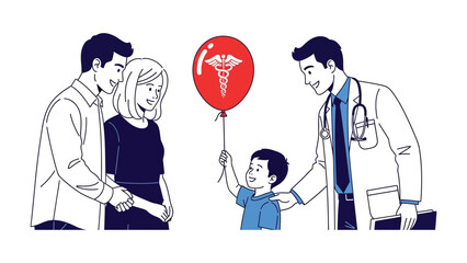Health and Happiness: A doctor and a young child, holding a health-related symbol, share a heartwarming moment, with a family united in hope and trust. 