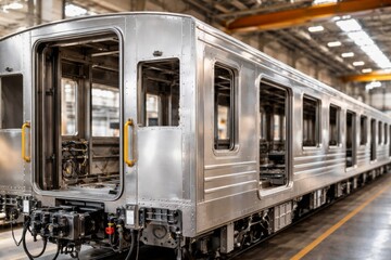 Obraz premium An unfinished train carriage showcased in a modern factory setting, highlighting its sleek metal design and industrial aesthetics.