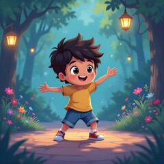 Happy Little Boy Character in Magic Garden with Glowing Lanterns Anime Illustration, Generated AI