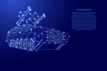 anti-aircraft missile launcher mounted on tracked combat vehicle from futuristic polygonal blue lines and glowing stars for banner, poster, greeting card