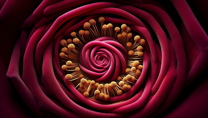 Close-up macro shot of a vibrant red rose with a spiral center and yellow stamens against a dark background.