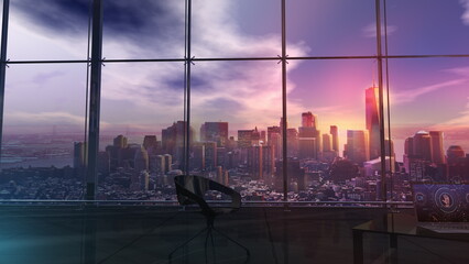 Computer-themed data protection visuals against a backdrop of urban skyscrapers