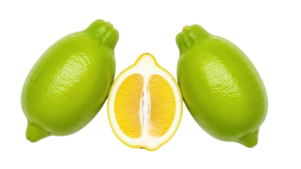 Isolated green lemon fruits cut in half, healthy citrus food ingredient for lemonade recipes