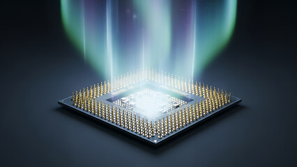 A blue electronic circuit board features a digital silicon microprocessor and memory chip components integrated into modern computer hardware technology for high-speed data processing