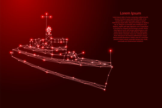 warship destroyer from futuristic polygonal red lines and glowing stars for banner, poster, greeting card