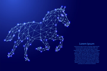 galloping elegant stallion from futuristic polygonal blue lines and glowing stars for banner, poster, greeting card