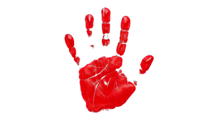 Vibrant red handprint on a clean surface, isolated on transparent background