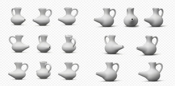 Set of white ceramic neti pots for nasal irrigation on transparent background.