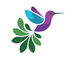 Fototapeta premium Colorful Hummingbird Perched on Leafy Branch with Purple, Blue, and Green Feathers