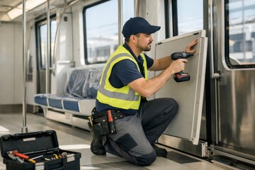 A focused male technician in a safety vest performs maintenance on a subway door, showcasing professionalism in a transit environment.
