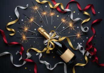 New years eve celebration with champagne bottle and sparklers on dark background