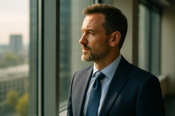 Confident man in suit contemplating future by window view