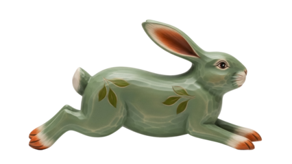 Isolated ceramic rabbit statue, sage-green bunny with foliage design, Easter and springtime decor