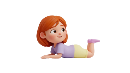 Isolated cute little girl in yellow shorts doing exercises on the floor, cartoon 3D rendering