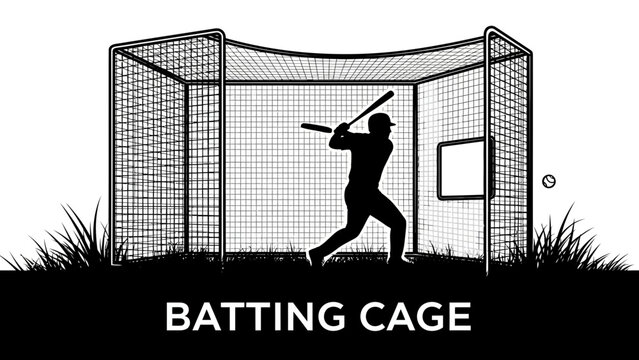 Baseball player practicing swing in protective batting cage