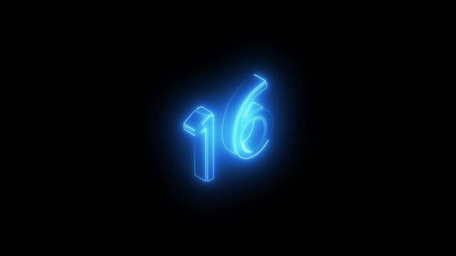 a glowing Blue Neon Number 16 Icon on Black Background sixteen 4k animation video on black background 