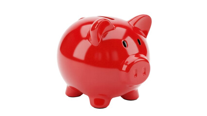 Isolated red ceramic piggy bank with slot, representing savings, financial investment growth
