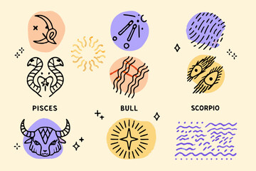 Zodiac signs illustration featuring astrological symbols and stylized animal representations