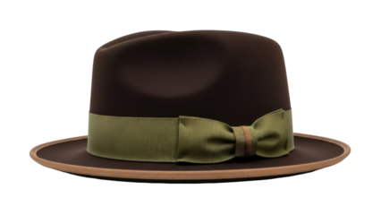 Isolated brown fedora hat with a green ribbon trim accessory against a blank backdrop scene