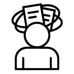 Line icon of a person with tangled script pages &mdash; scene confusion, black on white, square minimalist style