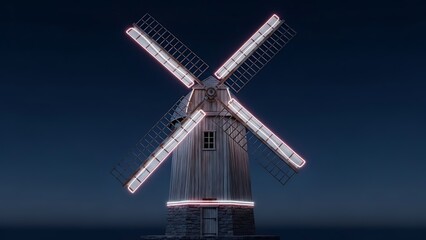 Obraz premium Old Windmill at Night with Illuminated Blades.