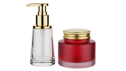 Isolated Liquid Soap Dispenser & Red Cosmetic Jar with Golden Lids for Body Beauty Products