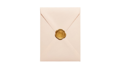 Isolated pale pink envelope with golden wax seal, elegant invitation for celebration