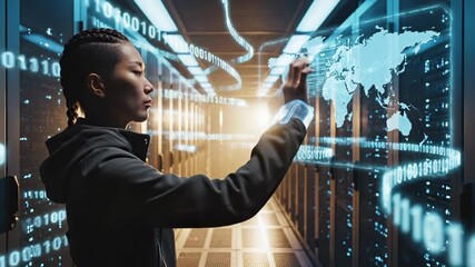 IT engineer works in data center with futuristic interface. This woman, an IT engineer, uses a smartwatch and virtual screen. The IT engineer manages a global network in the data center. Server manage - Powered by Adobe
